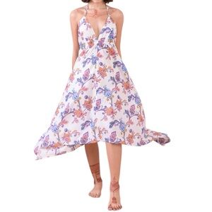 Floral Halter Midi Dress in White with Pink & Blue Print